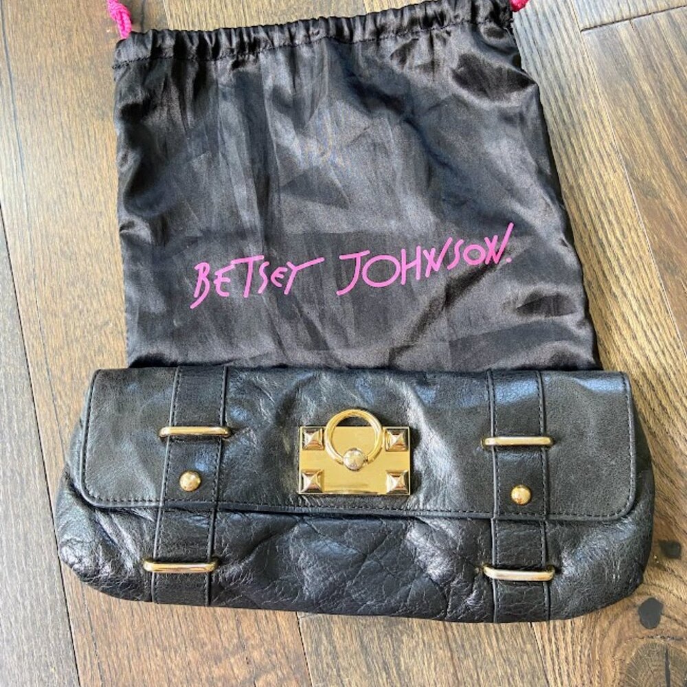 Betsey Johnson Black Clutch with Gold Chain and Buckles
